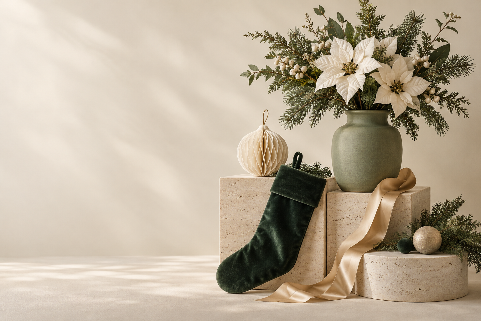 Decorative seasonal still life with cream floral stems, evergreen foliage, a green stocking and champagne ribbon.